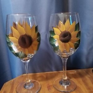 Hand Painted Sunflower Large Wine Glasses Set Of 2 . Signed By Artist